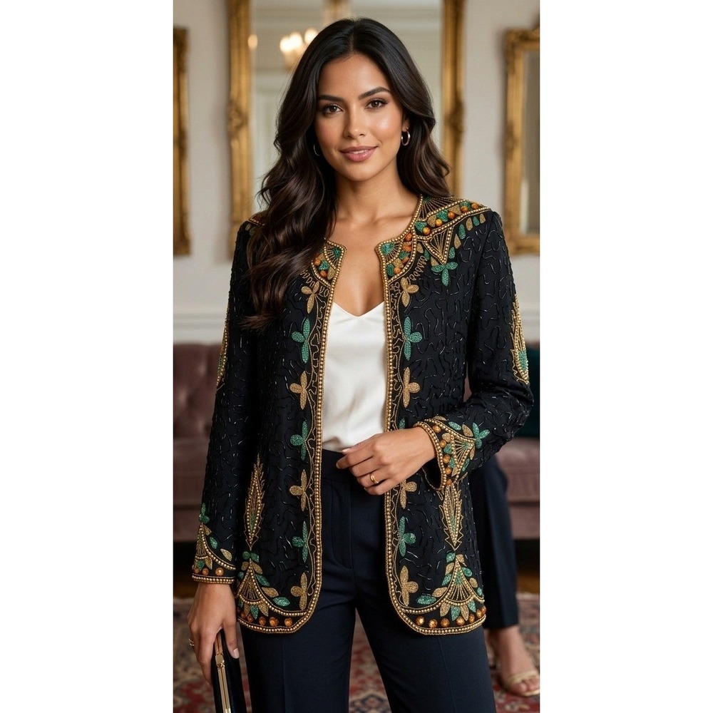 Jewel Queen Beadedvintage Silk‎ Jacket Womens Medium Black Gold Evening Blazer